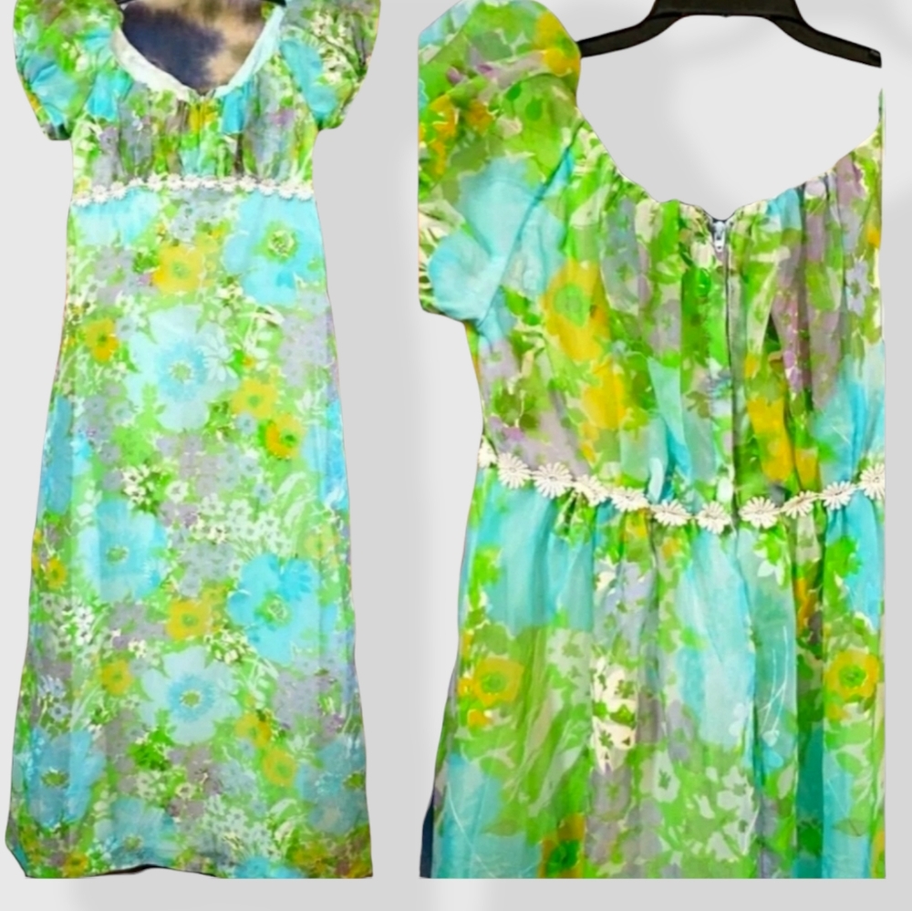 Vintage 1960s Hippie Woodstock Daisy Empire Maxi Dress - Picture 5 of 16